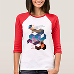 Lady wearing red and white 3/4 length sleeve shirt with a Nine Dots Creative illustration on the front