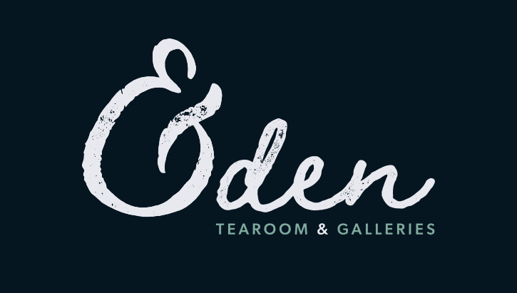 Eden logo in white on a dark blue background. The logo is a text-only scripted font style with a distressed look. Under the word Eden it reads tearoom & galleries.