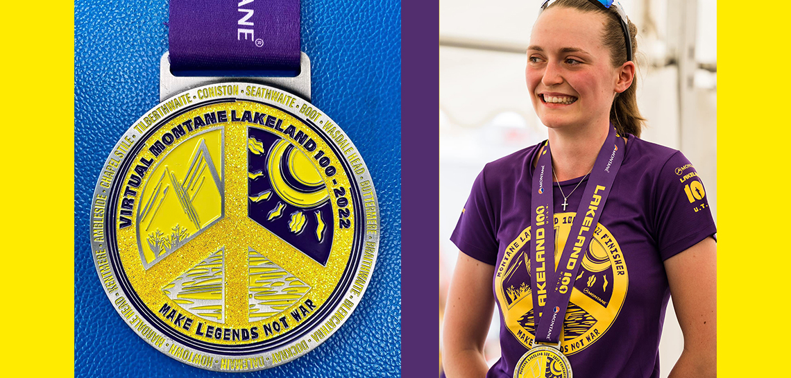 Two photographs. On the left is a photograph of theVirtual Montane Lakeland 100 medal. On the right is a photo of a young woman, smiling, wearing the Montane Lakeland 2022 t-shirt and Lakeland 100 Finisher medal.