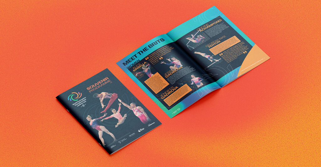 Brochure mockup showing front cover and one spread of inner pages. Cover features 4 gymnasts and the World Gymnastics Championships logo. Event sponsor and partner logos are along the bottom of the front cover. The inside pages feature a selection of British gymnasts and text about them.