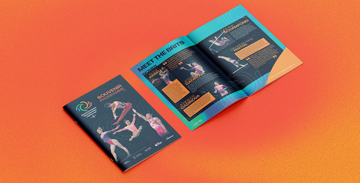 Brochure mockup showing front cover and one spread of inner pages. Cover features 4 gymnasts and the World Gymnastics Championships logo. Event sponsor and partner logos are along the bottom of the front cover. The inside pages feature a selection of British gymnasts and text about them.