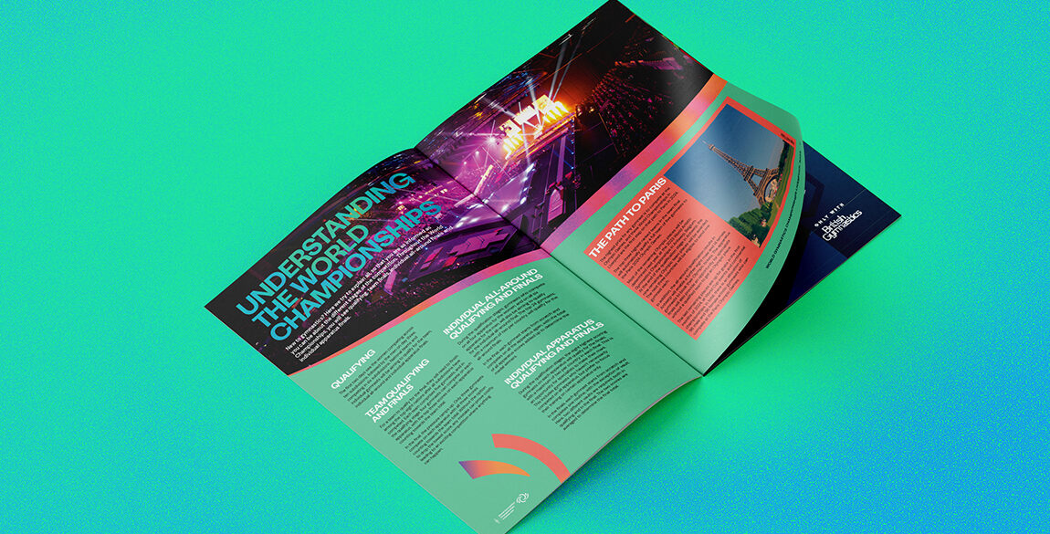Mockup of one spread from the World Gymnastics Championships programme. The feature is titled :Understanding the world Championships" and contains images and text.