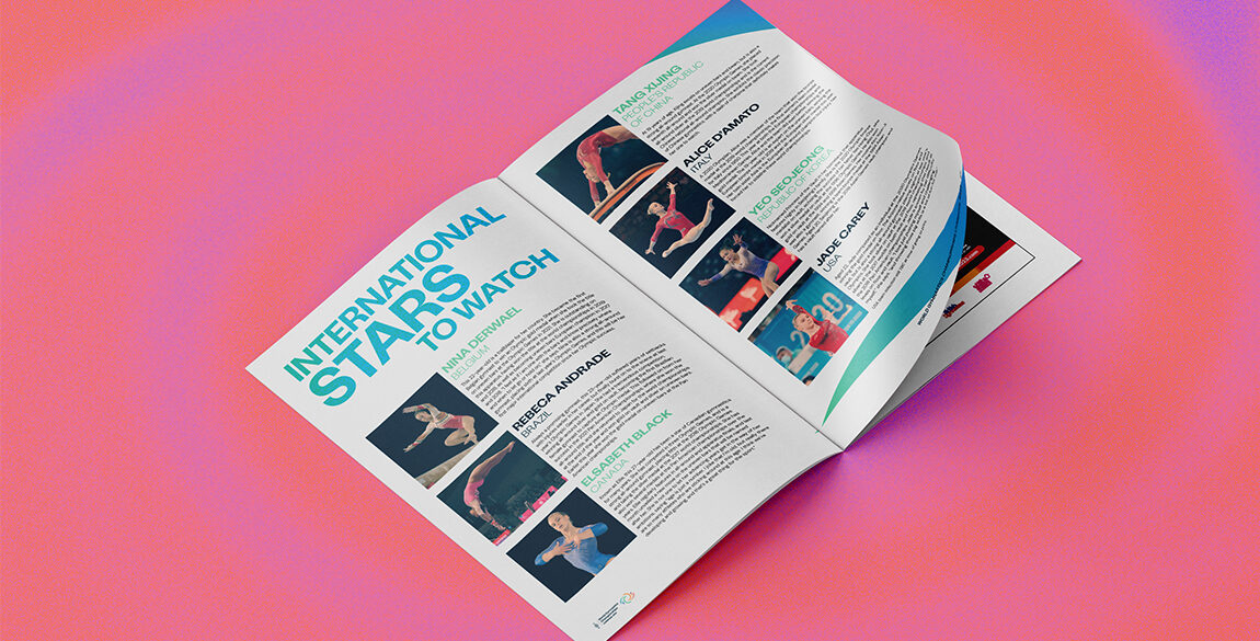 Mockup of inside pages of the World Gymnastics Championships programme. This feature is titled International Stars to Watch and has images of the gymnasts alongside text about them.