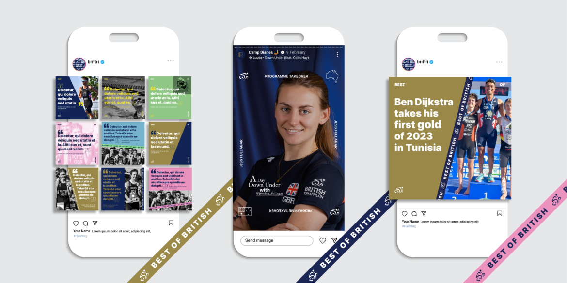 Mockup showing three phones side by side with selection of social media posts created by Lyndsey Yates for Brititsh Triathlon
