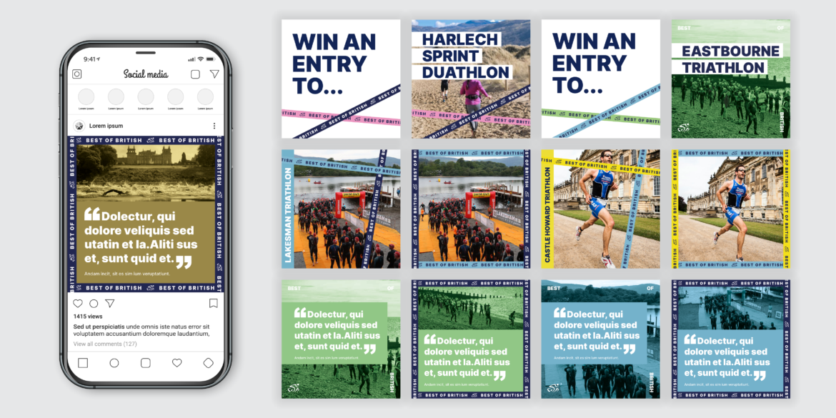 Mockup showing various social media template posts created for British Triathlon by Lyndsey Yates