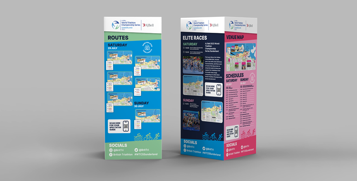 Mockup showing event graphics (maps, event times etc.) on a four panel roughly 3 metre high display cube.