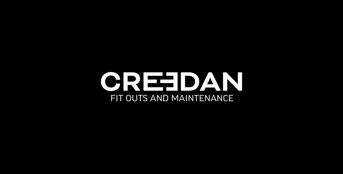 Creedan text based logo shown in white on black background. Tect under the word Creedan reads "fit outs and maintenance"