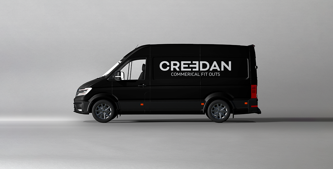 Black transit van with Creedan logo on side