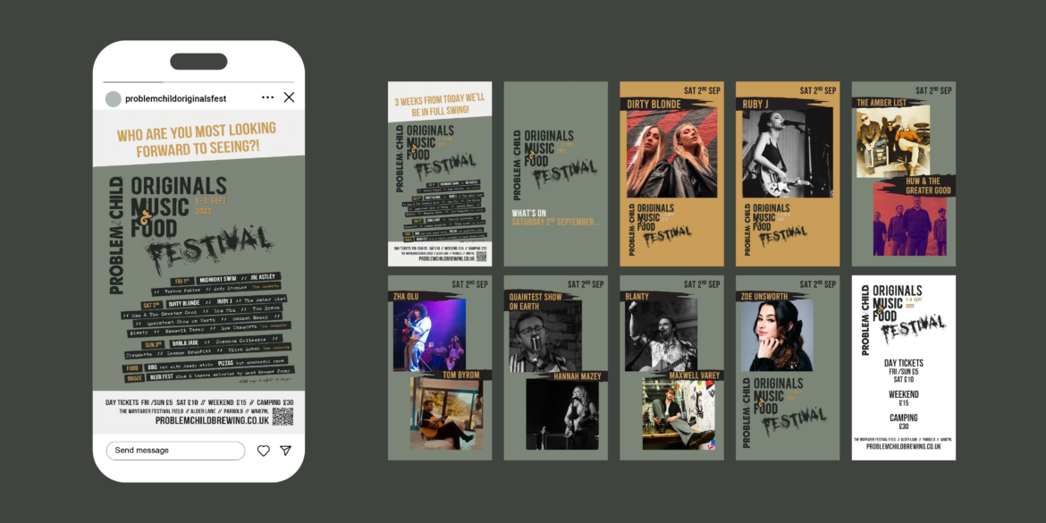 Graphic showing the various Instagram stories posts created for Problem Child Originals Music Festival. One mocked up on a phone and a selection of 10 of the other stories posts sitting next to it.