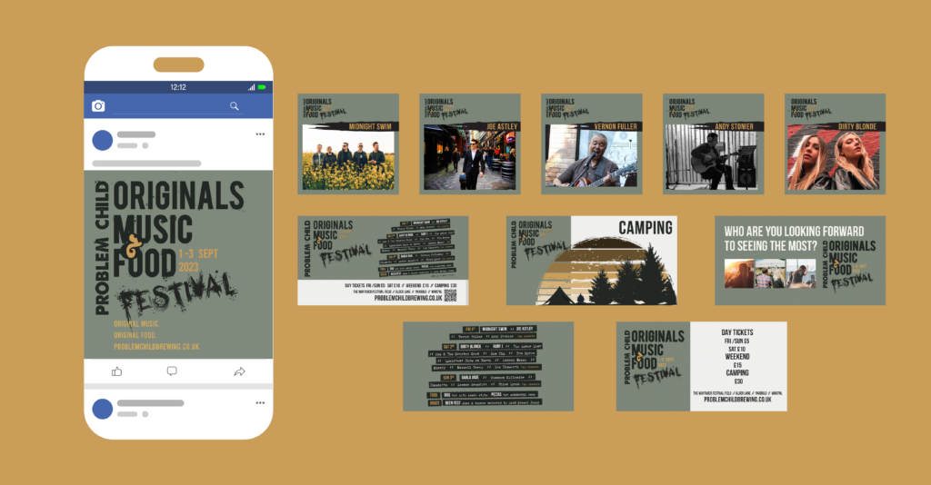 Graphic showing the various Facebook posts created for Problem Child Originals Music Festival. One mocked up on a phone and a selection of the others sitting next to it.