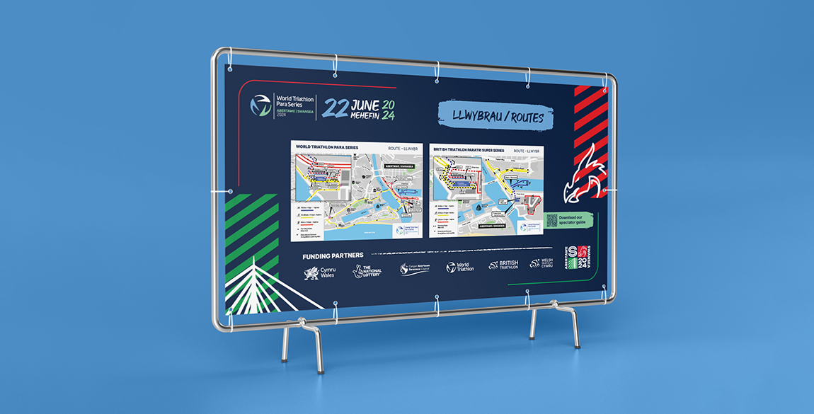 Mockup of a Heras panel showing the maps for the Swansea 2024 World Triathlon Para Series