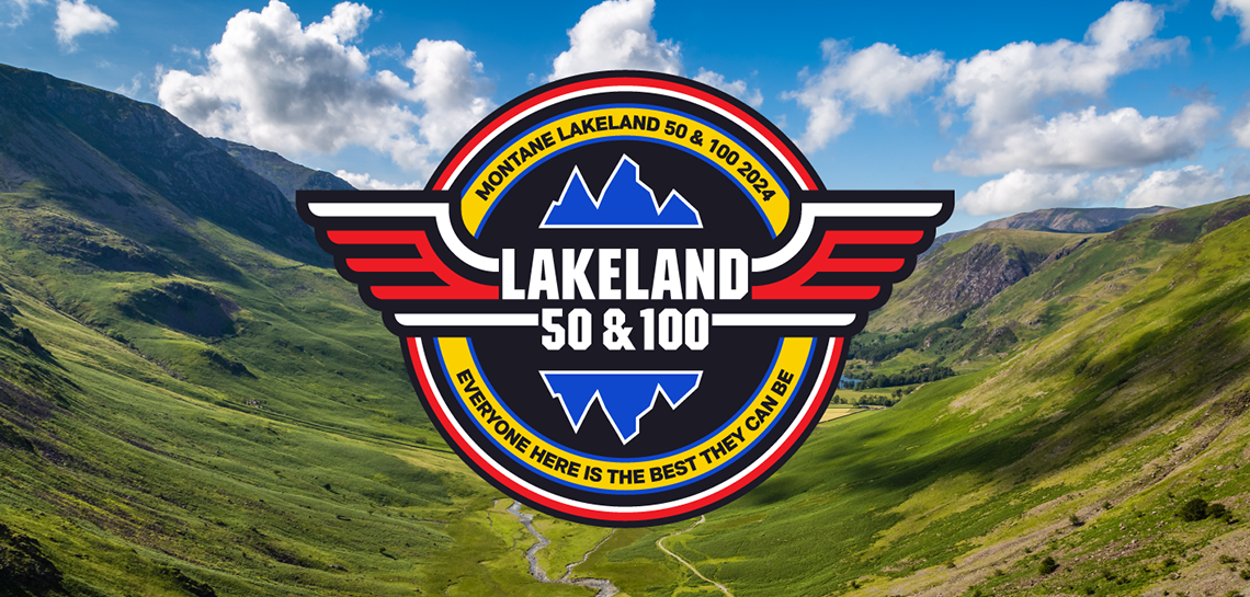 Image shows the Lakeland 2024 logo over a landscape photograph of the Lake District/ The logo has the text Lakeland 50 & 100 in the centre of a circle. Coming out from the logo are a pair of wings. Arond the circle is written: Montane Lakeland 50 & 100 2024, everyone here is the best they can be.