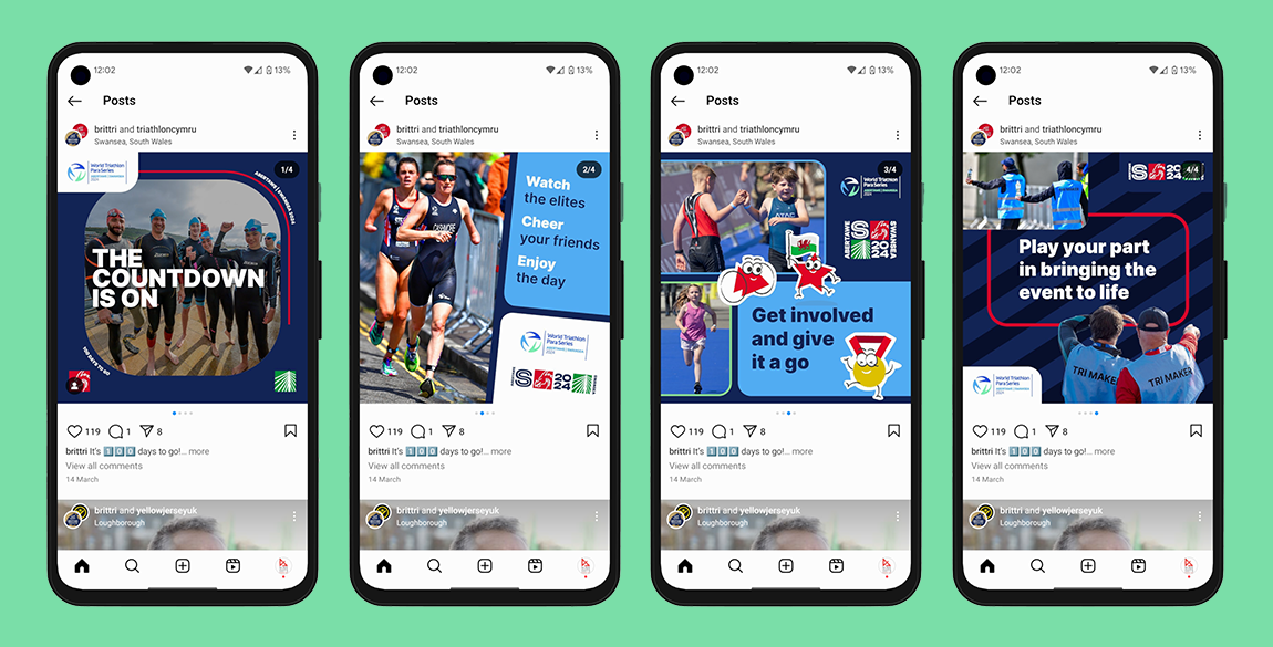 Mockup of 4 iphones each showing a different social media post leading up to and from the Swansea 2024 World Triathlon Para Series