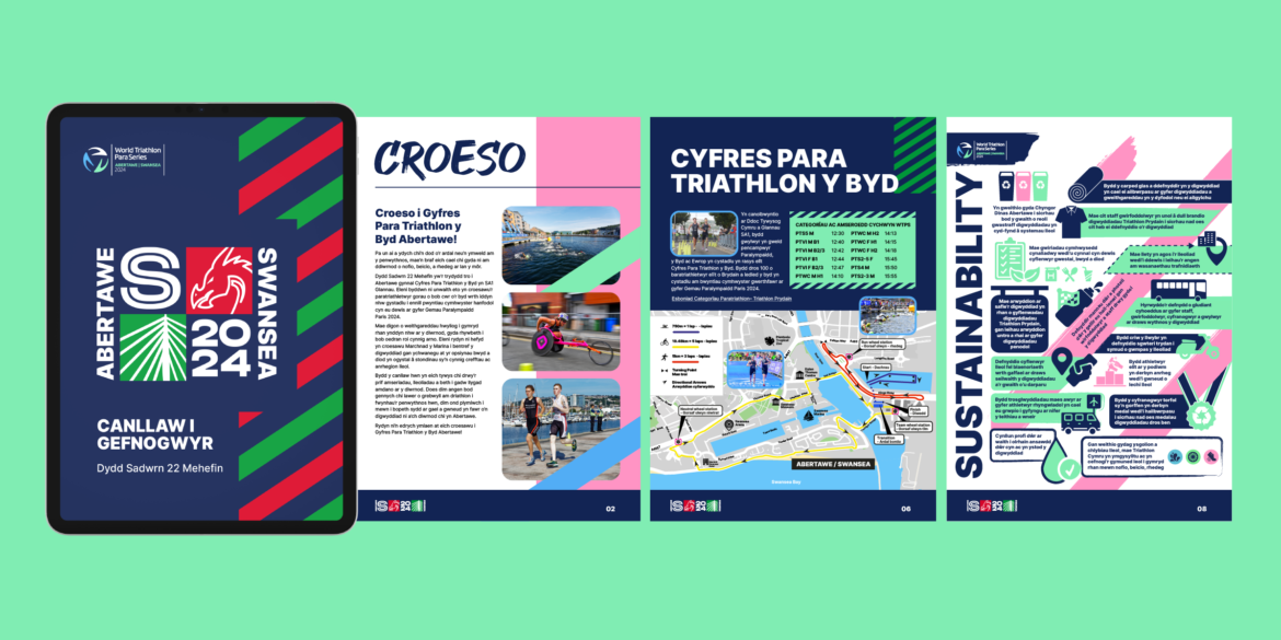 Mockup showing ipad with the front page of the spectator guide on the screen. To the right of the ipad are 3 images showing interior pages of the spectator guide. All in Welsh language.