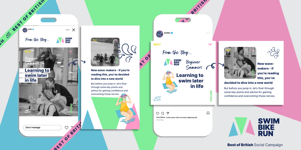 A colorful display of social media content design for a campaign called "Best of British" by Swim Bike Run. The image showcases multiple mobile phone frames with Instagram-style posts about learning to swim later in life. The design includes pastel geometric backgrounds, illustrations of swimmers, and photos of people in swimming lessons. The layout demonstrates various elements of social media marketing, including post templates, captions, and branded visuals.