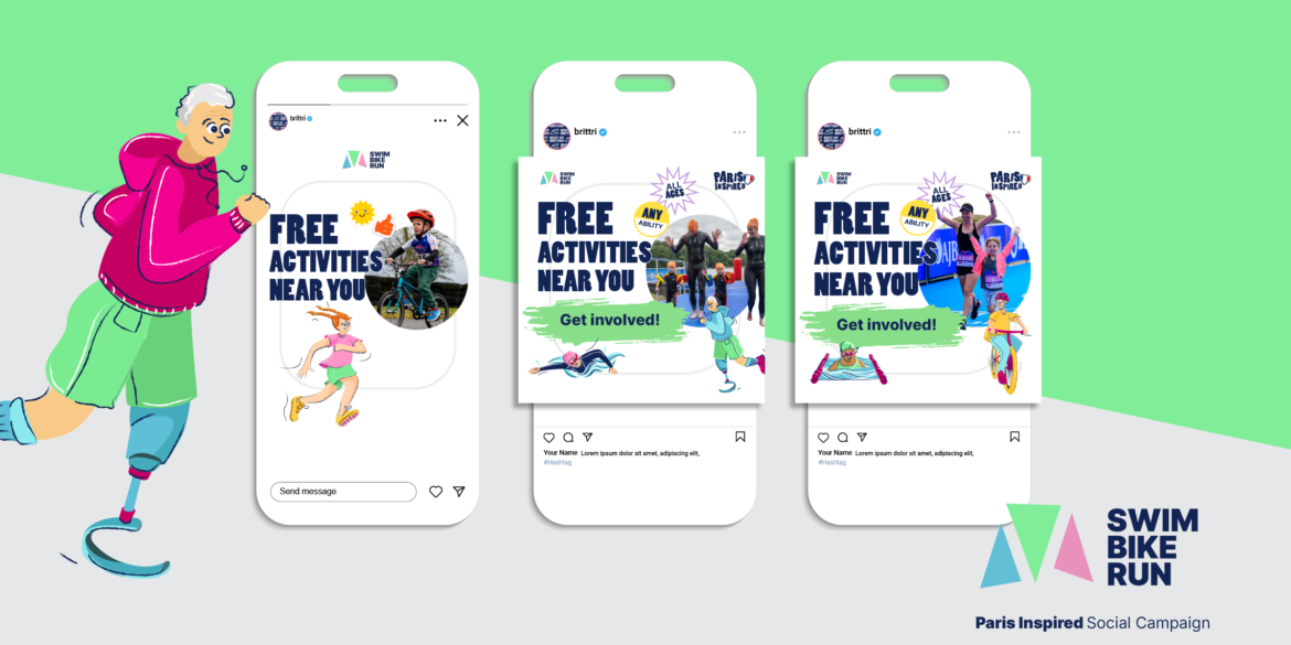 This image showcases a social media campaign for free activities, under the Swim Bike Run brand. The layout includes: A green background with three smartphone mockups displaying Instagram-style posts. Each post advertises "FREE ACTIVITIES NEAR YOU" with colorful illustrations of people engaged in various sports activities. The posts include a "Get involved!" call-to-action button. To the left, there's an illustrated character with gray hair wearing a pink jacket and running with a prosthetic leg, emphasizing inclusivity. The bottom right corner shows a logo for "SWIM BIKE RUN" and text reading "Paris Inspired Social Campaign". The overall design is vibrant and energetic, using bold colors and dynamic illustrations to promote physical activities and community engagement.