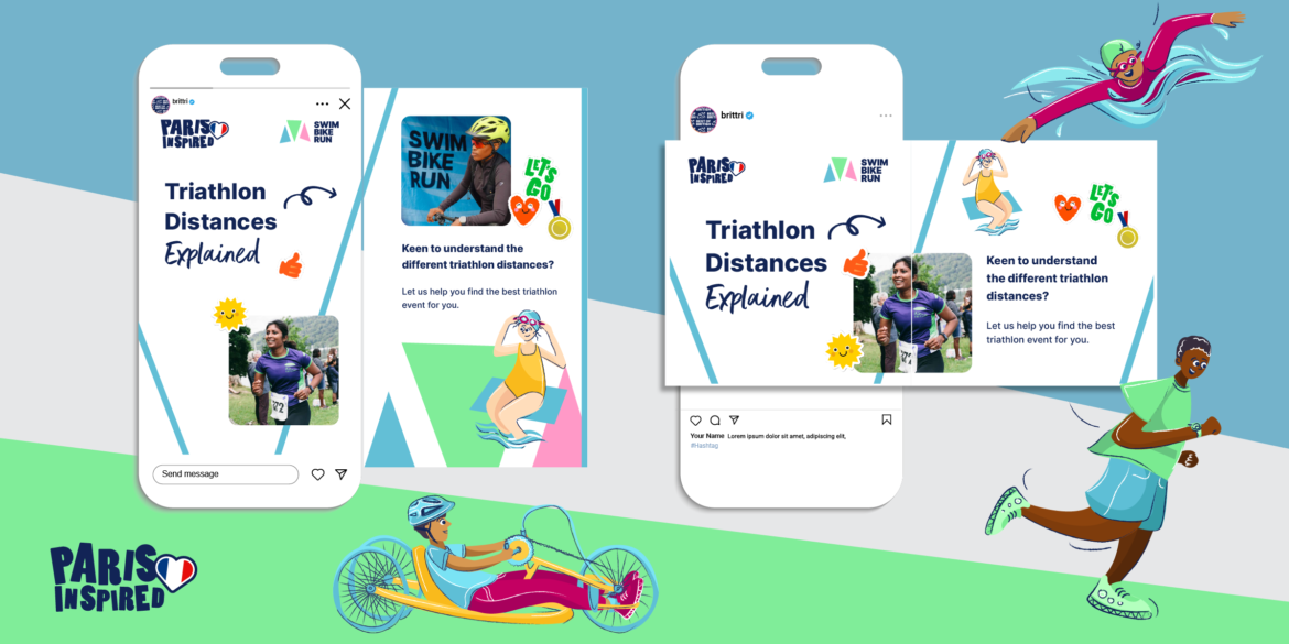 A colorful display of social media graphics for Swim Bike Run's Paris 2024 Olympics campaign. The image features two smartphone frames showing Instagram-style posts about "Triathlon Distances Explained". The posts include photos of athletes, cartoon illustrations of swimmers and cyclists, and text explaining triathlon events. The design uses a bright color palette with blue, green, and white backgrounds. Animated characters of diverse athletes are placed around the phone frames, including a swimmer, a cyclist, and a runner. The "Paris Inspired" logo is prominently displayed, tying the campaign to the Paris '24 Olympics.