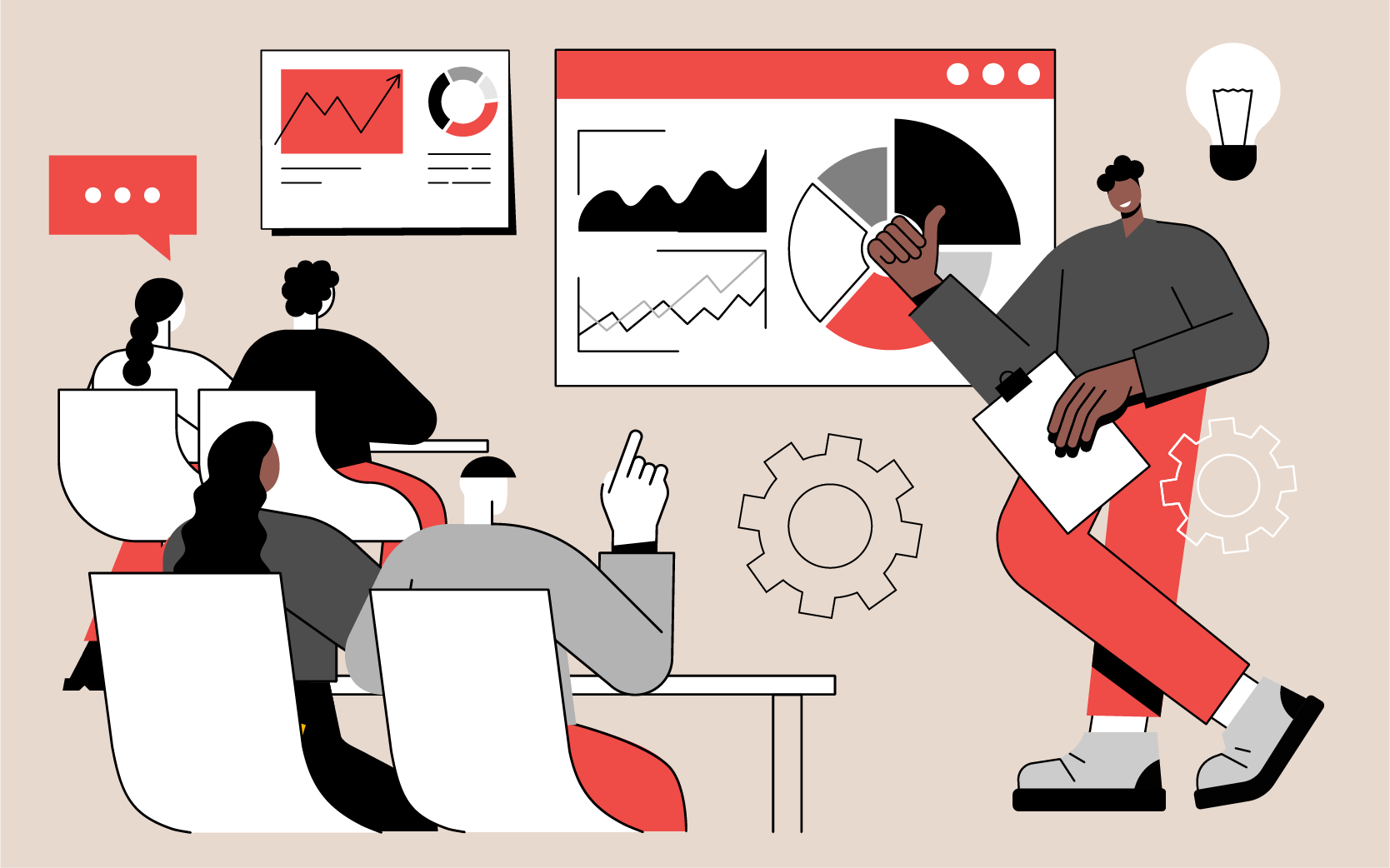 An illustration of a business presentation. On the left, several people are seated at a table, with one person appearing to point at something. On the right, a figure stands confidently with a light bulb icon above their head, suggesting an idea or innovation. The scene includes various business analytics displays showing graphs, charts, and a pie chart in red, black, and gray colors. The illustration uses a minimal color palette of red, black, gray, and white on a beige background, with a modern, geometric art style.