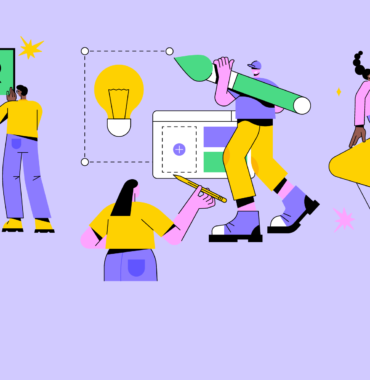 The image depicts various abstract illustrations and icons related to branding, such as colored letter blocks, a light bulb, and people interacting with different design elements. The overall style is colorful and dynamic, conveying a sense of creativity and innovation.