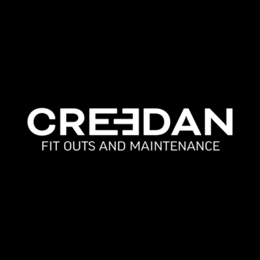 White Creedan logo with text "fit outs and maintenance" underneath, all on black background.