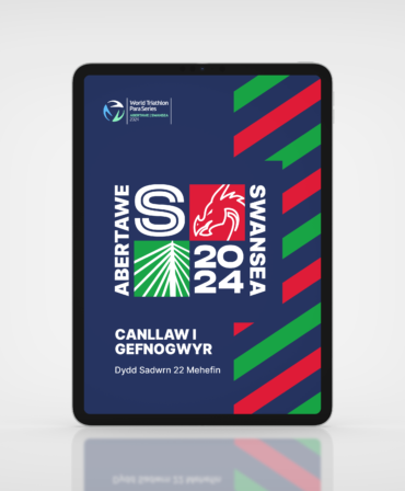 Mockup of an iPad showing the front cover of the digital spectator guide for the Swansea 2024 World Triathlon Para Series.