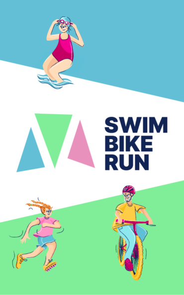 A colorful illustration promoting a triathlon event with the text "SWIM BIKE RUN" prominently displayed. The image is divided into three sections: Top: A swimmer in a pink swimsuit and blue goggles is shown mid-jump against a light blue background. Middle: Three triangles in light blue, green, and pink colors, followed by the text "SWIM BIKE RUN" in dark blue. Bottom: On a green background, a girl with orange hair is depicted mid-stride wearing a pink top and blue shorts. Next to the runner, a male cyclist in a yellow shirt and blue pants is riding a bicycle. The overall style is minimalist and uses bright, contrasting colors to create a vibrant and energetic feel.