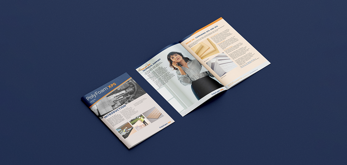 A mockup image of the front cover of the October 2024 edition of the Polyfoam XPS newsletter, alongside an open spread showing two interior pages. They sit on a dark blue background.