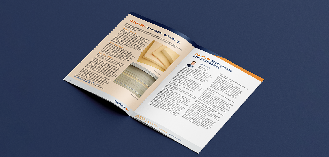 A mockup showing an open spread of two of the interior pages of the Polyfoam XPS October 2024 newsletter. There is one column of text with two images vertically stacked next to it on the left hand page, and on the right hand page there are two columns of text. The pages sit on a dark blue background.