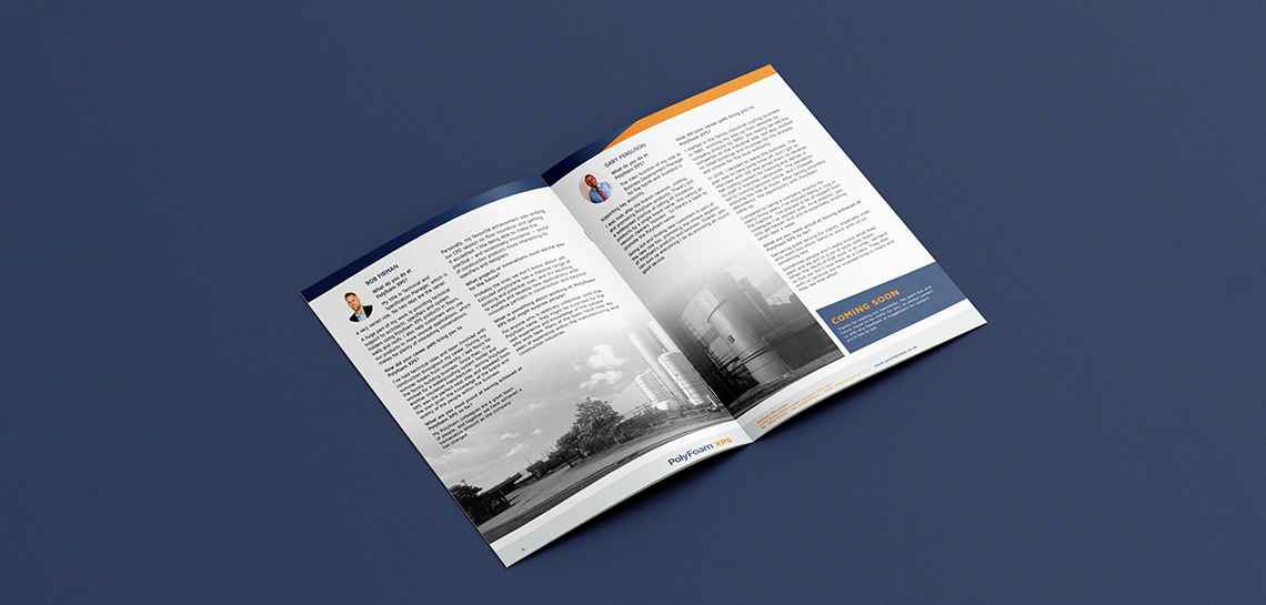 An open spread of two interior pages of the Polyfoam XPS October 2024 newsletter. There are four columns of text, and one black and white image of the Polyfoam XPS plant. The mockup of the spread sits on a dark blue background.