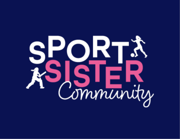 Logo design for charity: Sport Sister Community wordmark with bold pink and white lettering, playful bouncing text, and silhouette figures of girls playing sport, set against a dark blue background.