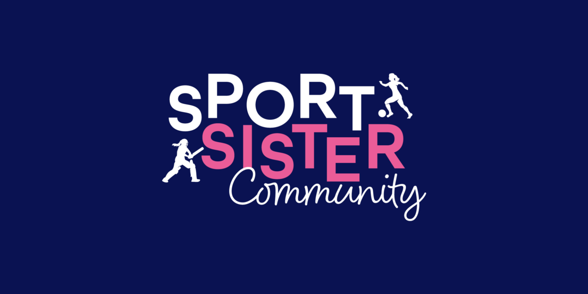 Logo design for charity: Sport Sister Community wordmark with bold pink and white lettering, playful bouncing text, and silhouette figures of girls playing sport, set against a dark blue background.