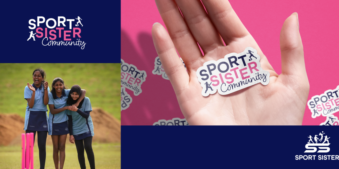 Logo design for charity shown in use: Sport Sister Community branding applied to stickers and digital artwork, with joyful girls in sports kits and a close-up of a hand holding a sticker. Bright, playful visuals reinforce the brand’s youth-focused identity.