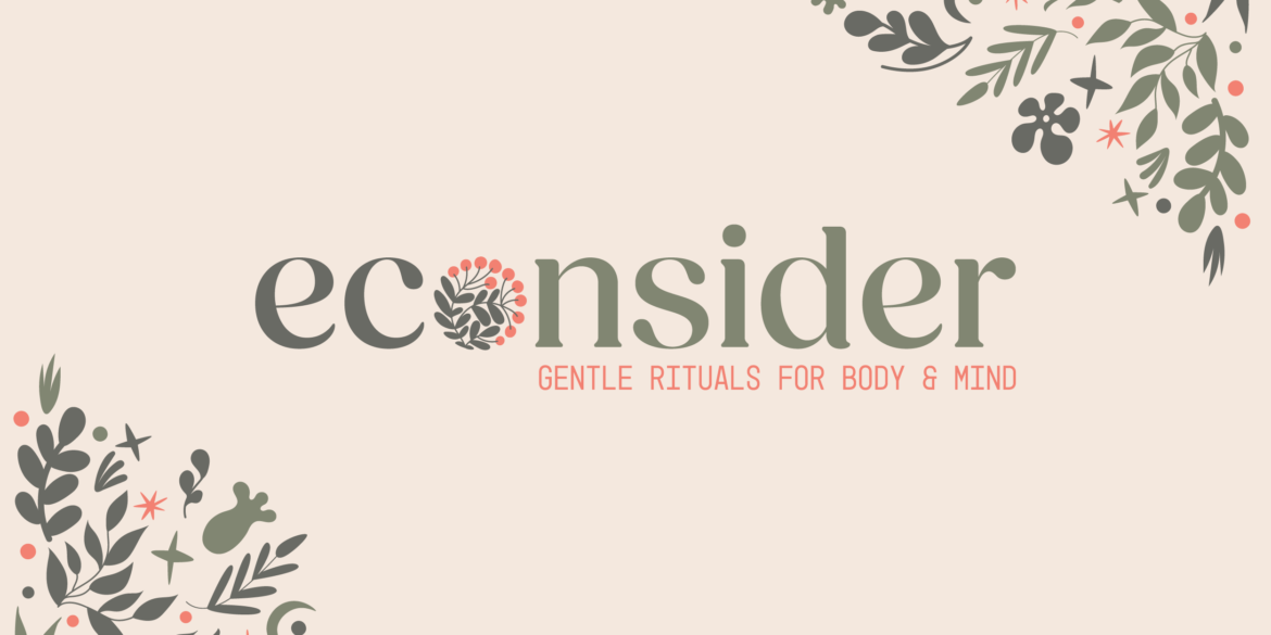Sustainable Selfcare Logo design for Econsider, featuring a clean serif wordmark with a hand-drawn berry motif and natural botanical details.