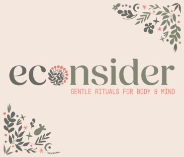 Sustainable Selfcare Logo for Econsider, a handmade skincare brand. The design combines a clean serif wordmark with a circular berry motif, surrounded by botanical illustrations. Warm orange tones and natural greens create an approachable, artisanal feel that reflects sustainability, growth, and gentle rituals for body and mind.