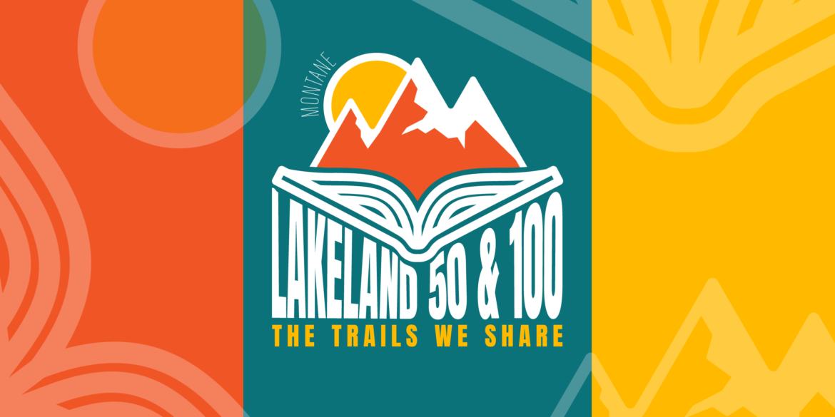 Lakeland 2025 event logo design featuring stylised mountains, a rising sun, and an open book motif with the tagline ‘The Trails We Share’ in bold colours of orange, teal, and yellow.