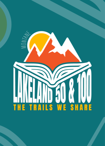 Lakeland 2025 event logo design featuring stylised mountains, sun, and open book motif with the tagline ‘The Trails We Share’ on a teal background.