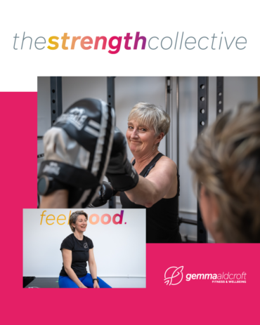 The Strength Collective branding shown with photos of Gemma Aldcroft and a client training, alongside her logo. Part of a fitness programme starter pack design created for personal trainer Gemma Aldcroft.