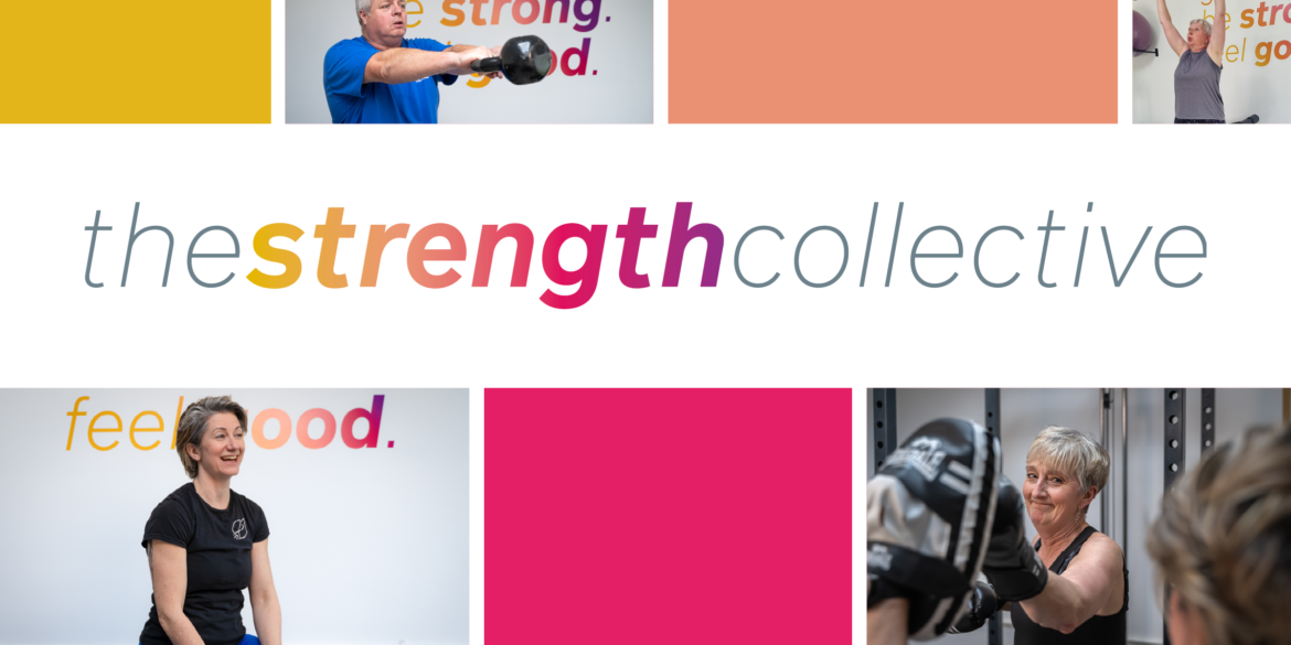 Collage featuring The Strength Collective logo and photos of members training, alongside the brand’s warm gradient colours. Part of a fitness programme starter pack design created for personal trainer Gemma Aldcroft.
