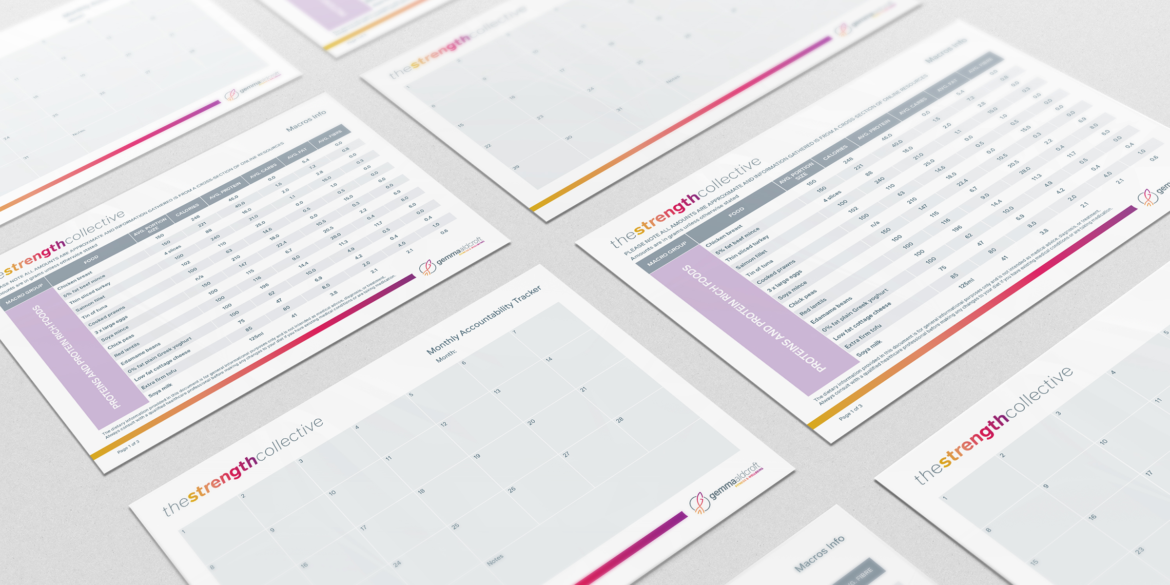 Flat lay of printed resources from The Strength Collective, showing a macros info sheet and monthly accountability tracker. Part of a fitness programme starter pack design created for personal trainer Gemma Aldcroft.