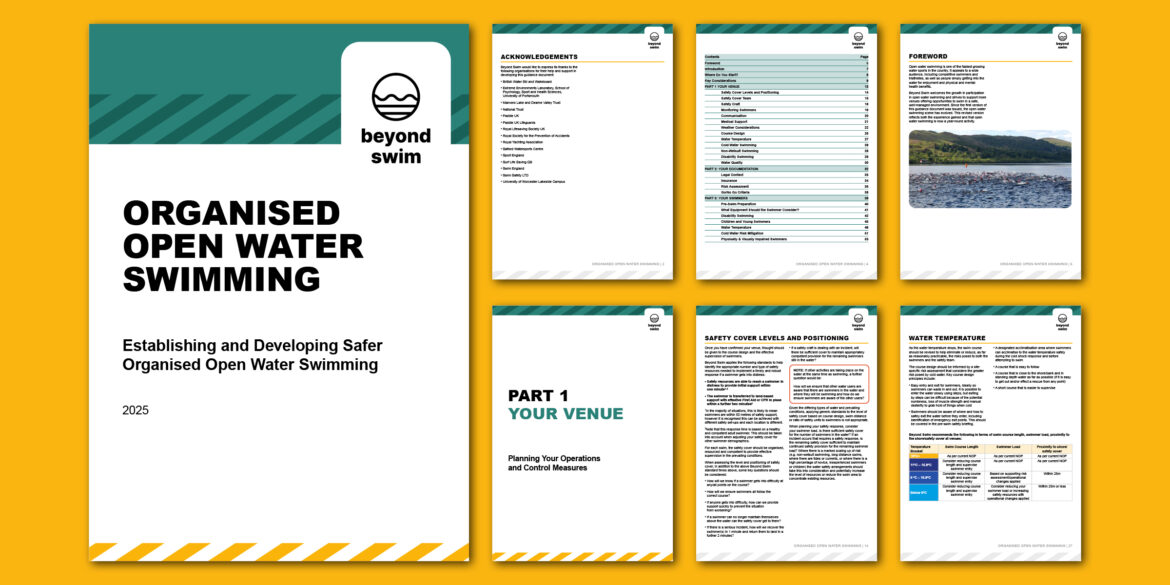 Cover and sample pages from the Beyond Swim “Organised Open Water Swimming” guidance document, created as part of open-water swimming venue design guidance.