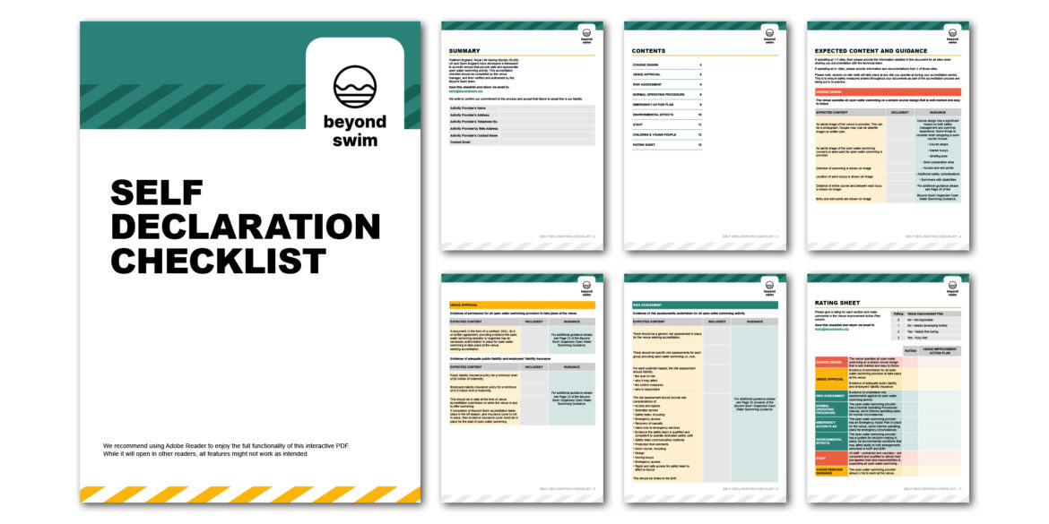 Cover and internal pages of the Beyond Swim self-declaration checklist, designed as an interactive PDF supporting open-water swimming venue design guidance.