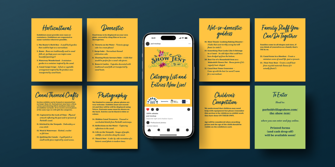 Show Tent Social Media Category Tiles. Grid of Show Tent social media graphics created by a graphic designer in Parbold, showing category lists and the 2025 Canal Heritage theme in bright yellow panels.