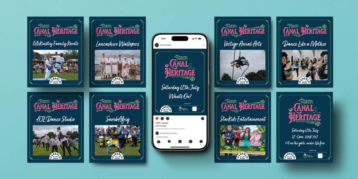 Main Social Media Performer Graphics. Collection of Parbold Village Show performer announcement graphics designed by a graphic designer in Parbold, using the Canal Heritage branding with photos and event details.