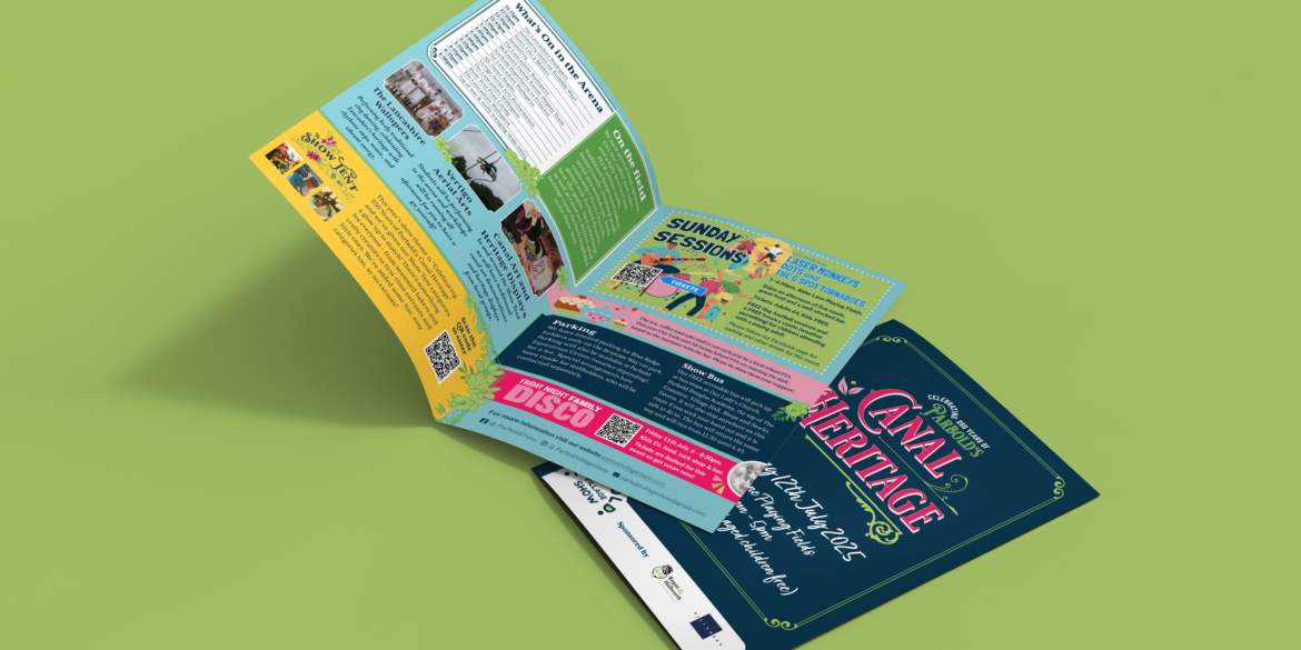 Main Show Promotional A4 folded Leaflet. Promotional leaflet for the Parbold Village Show designed by a graphic designer in Parbold, featuring colourful blocks, illustrations and Canal Heritage branding.