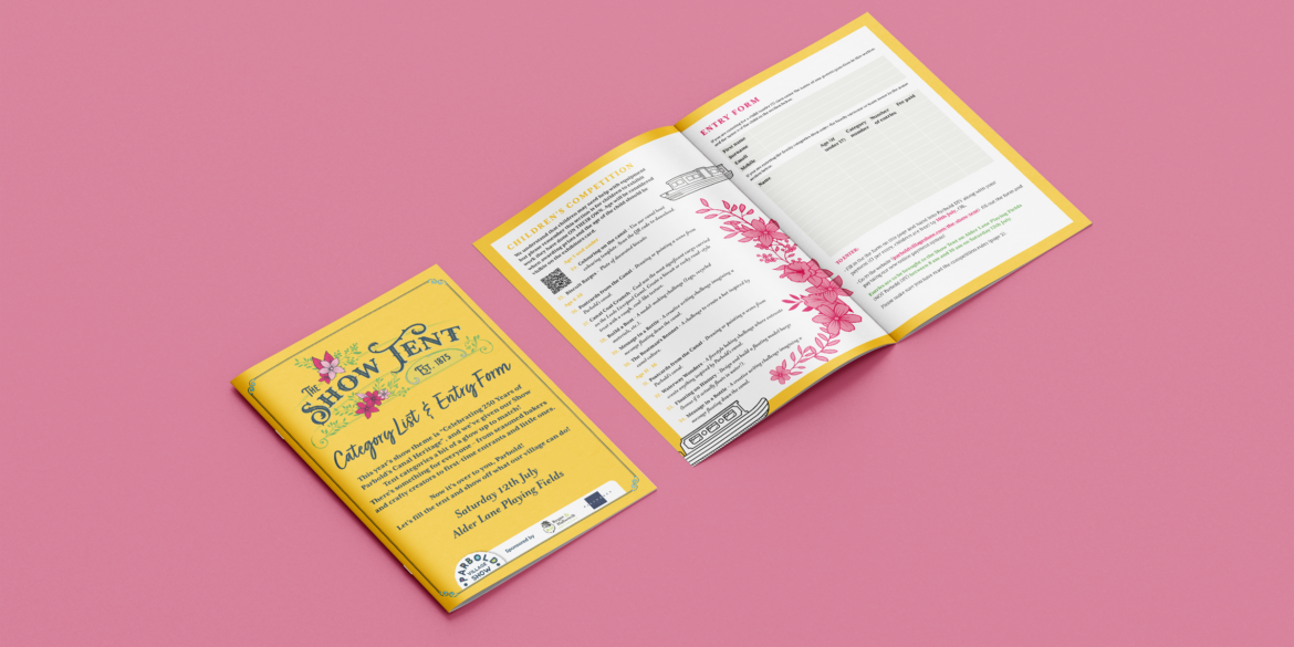 Show Tent Category Booklet. Show Tent category booklet and entry form designed by a graphic designer in Parbold, with bright yellow covers, floral details and canal-inspired illustrations.