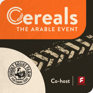 Agricultural event graphic design feature image for Cereals – The Arable Event 2026, showing the refreshed Cereals logo on an orange background with tractor tyre track graphics, the Diddly Squat Farm circular badge, and co-host Fruehauf branding on a dark background.