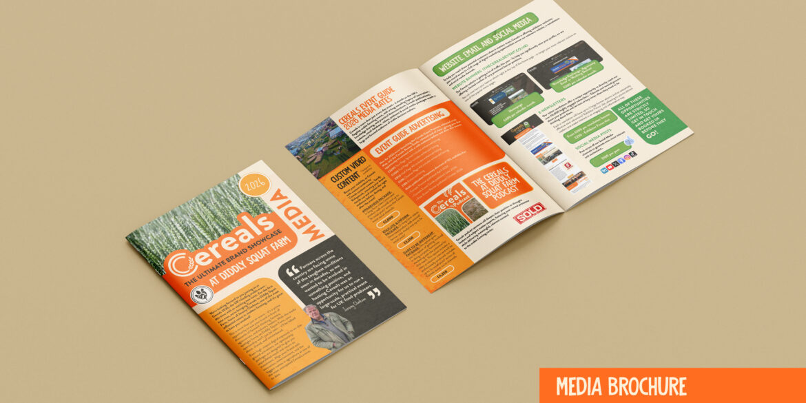 Cereals 2026 media brochure design showing the front cover and inside spread, featuring advertising packages, event guide rates, custom video content and social media options, with the Diddly Squat Farm branding throughout.