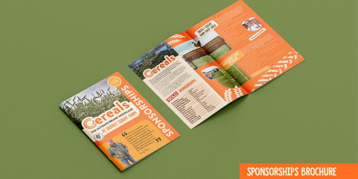 Agricultural event graphic design for the Cereals 2026 sponsorship brochure, showing the front cover and inside pages detailing sponsorship opportunities including the Diddly Squat Farm Shop Area and Agronomy Zone, with bold orange brand colours.