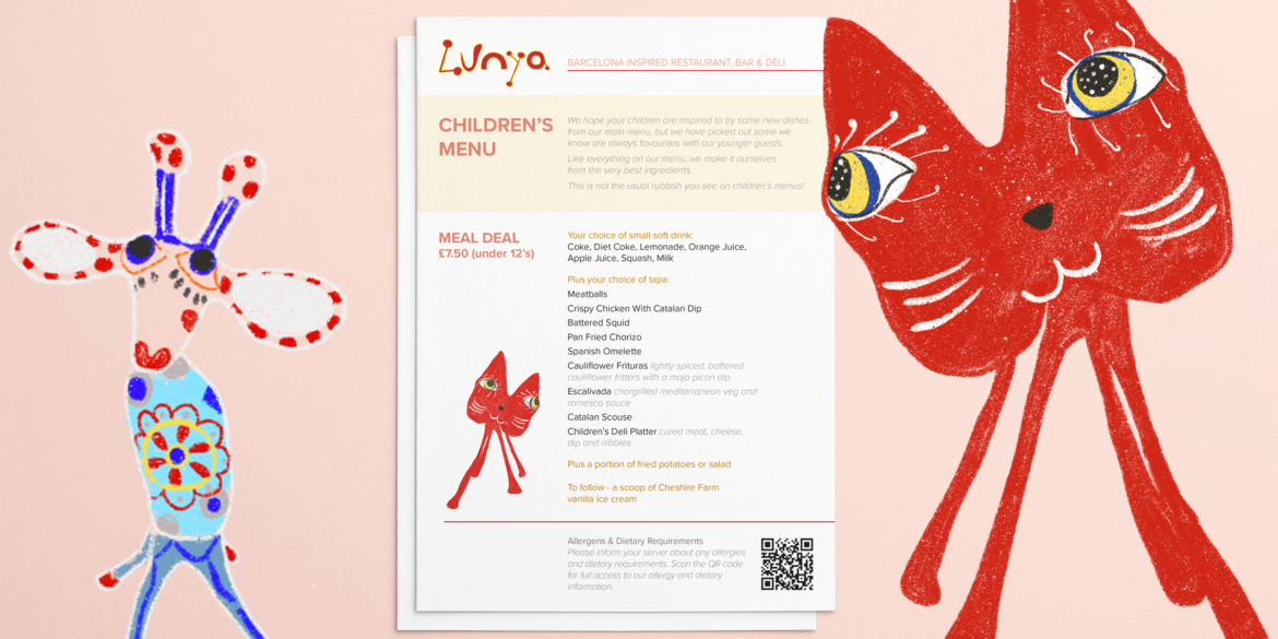 Lunya Restaurant Menu Design – Children's menu displayed against a playful pink background with colourful Miró-inspired illustrated characters, featuring the Lunya Barcelona Inspired Restaurant, Bar & Deli branding.