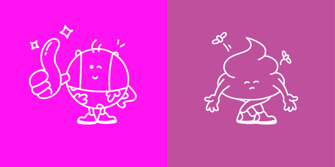 Side by side comparison of neon pink in RGB on screen versus CMYK in print